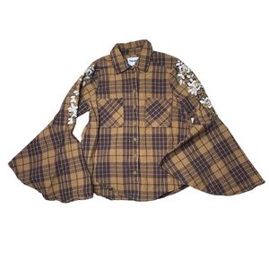 Savanna Jane Womens Brown Plaid Floral Embroidered Bell Sleeve Button Down Shirt